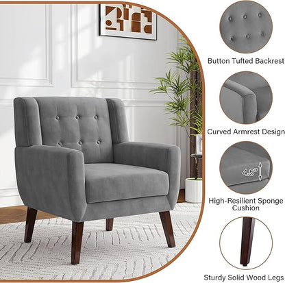 Lumibee Accent Chair, Modern Velevet Armchair for Living Room, Comfy Upholstered Arm Chair Tufted for Indoor Bedroom Office Room (Gray Velvet)