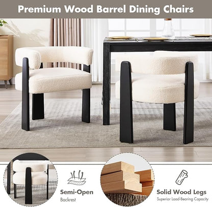 Modern Boho Dining Chairs Set of 4, White Boucle Upholstered Barrel Armchairs with Plush Teddy Fabric, Solid Black Wooden Legs, Mid-Century Accent Chairs for Dining Room, Living Room, Kitchen