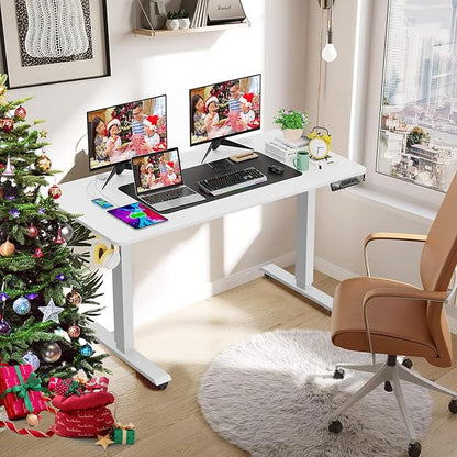 farexon Electric Standing Desk Adjustable Height, 55x24 Inches Computer Desk with 4 Preset Heights, Double Metal Hook, Rolling Wheels, Multifunctional Stand up Desk for Home/Office(White)