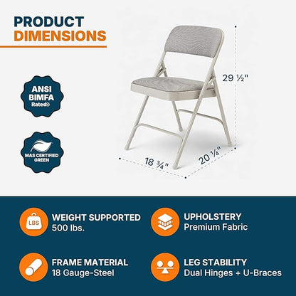 OEF Furnishings OEF2200 Series Heavy-Duty Premium Fabric Padded Upholstery Double-Hinged Folding Chairs (4-Pack, Slate Gray)