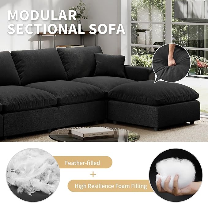 Modern Sectional Linen Cloud Couch for Living Room Armless Modular Filled-Down Sofas,Detachable Couch Cushion Covers,Cozy Feather Down Sofa for Apartment Black