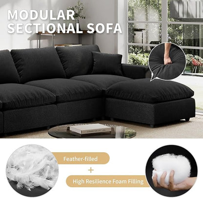 Linen Sleeper Sofa Bed,Modern Sectional Sofa Couch for Living Room,95.4 Inch Cloud Couches Cushion Covers Removable,Cozy Feather Down Sofa for Apartment Black