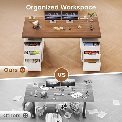 SEDETA Electric Standing Desk with 6 Drawers, 55" Adjustable Stand up Desk with Storage, Computer Desks with Power Outlets for Home Office, White