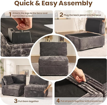 32.7'' Middle Seat for Modular Sectional Sofa, Deep Seat Upholstered Armless Chair Sleeper Sofas, L/U/V Shaped Plush Corduroy Cloud Couch for Living Room Apartment, Grey