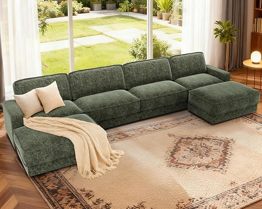 Sunny Heart 160" U-Shaped Modular Sectional Sofa, Oversized Cloud Couch with Movable Ottoman, 6-Seat Chenille Deep Seat Sofa with Pillow, Sectional Couches for Living Room, Apartment, Green