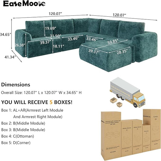 EASE MOOSE Boneless Modular Cloud Couch, Oversized U-Shaped Sectional Sofa for Living Room with Ottoman, Extra Large Movable Couches, 6-Deep-Seat Sofas for Bedroom, Apartment, Chenille (Blue)