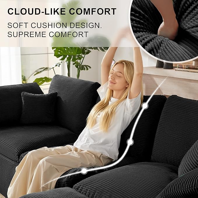 143" Cloud Sectional Couch, Boneless couches for Living Room, 7 Seater Large Modular Sectional Sofa with Deep Seat, Comfy Soft Cushions, No Assembly, Black