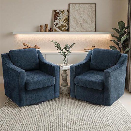 Pia Ricco 2-Pack Plush Oversized Chenille Fabric Swivel Accent Chairs with Removable Covers, Living Room Reception Bundle Set,Grey Blue