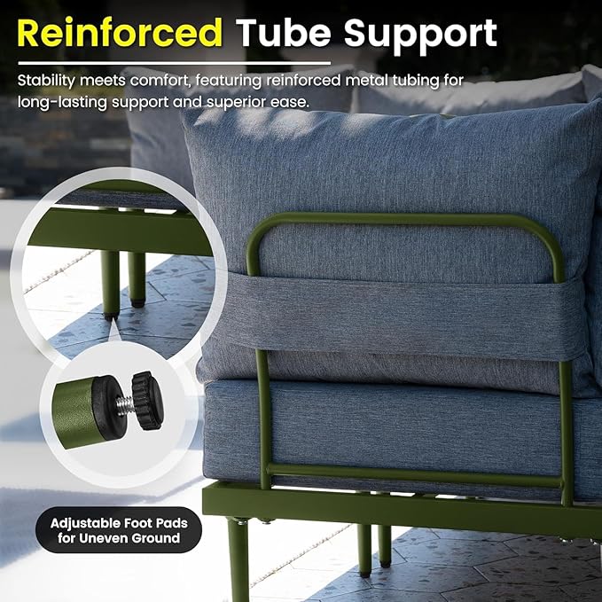 Sundale Outdoor 9 Pieces Patio Furniture Set, U-Shaped Outdoor Sectional Sofa with 6 Inch Olefin Cushion and Coffee Table, Modern Metal Outdoor Conversation Sets (8 Seats,Green Frame)