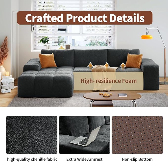 114” Oversized Modular Sectional Couch for Living Room, Chenille Boneless Couch L-Shape Cloud Sofa with Deep Seat and Chaise, Memory Foam Compressed Sofa for Living Room Furniture Bedroom Apartment