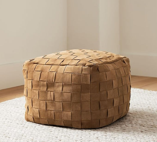 Luxury Handcrafted Suede Basketweave Pouf Ottoman – Soft & Durable Floor Cushion, Footrest, and Accent Seating for Living Room, Bedroom, & Office – Stylish Modern Home Décor (Camel, 18" x 18" x 14")