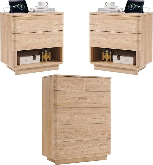 ACCOHOHO Modern Bedroom Set, 3 Pieces Bedroom Furniture Set, Wood 6 Drawer Dresser and Nightstands Set of 2, Chest of Drawers Wide Storage Organizer Cabinet for Bedroom,Natural Oak