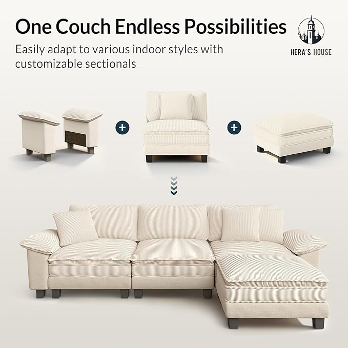 HERA'S HOUSE Oversized Modular Sectional Sofa, 158" L Shaped Cloud Couch with Ottoman and Throw Pillow, Mixed Fabric Sleek Couches for Living Room, Beige