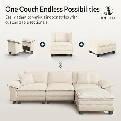HERA'S HOUSE Oversized Modular Sectional Sofa, 158" L Shaped Cloud Couch with Ottoman and Throw Pillow, Mixed Fabric Sleek Couches for Living Room, Beige