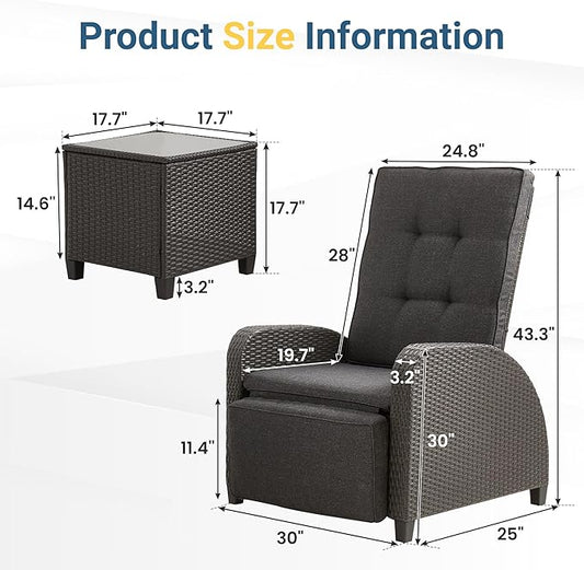 Outdoor Patio Recliner with Independently Adjustable Backrest and Footrest, All-Weather Wicker Patio Chair with Side Table, 160° Lay Flat Patio Reclining Lounge Chair for Backyard Garden, Grey
