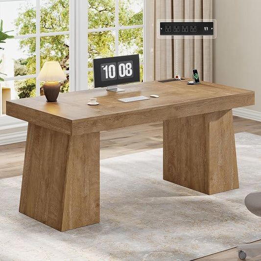 55.9 in Executive Desk with Power Outlets, Modern Home Office Desk with Storage Cabinet, Wood Computer Desk Business Workstation Desk Conference Table, Oak (Storage Cabinet)