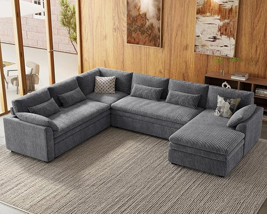 Belffin Large Modular Sectional Sofa with Deep Chaise, Corduroy U Shaped Couch with 9" Soft Dual-Layer 7 Seats Cushion for Living Room, Apartment, Light Grey