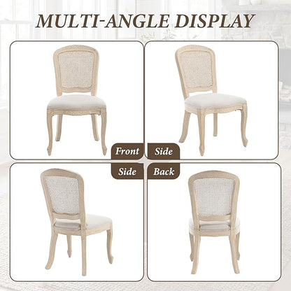 Wicker Dining Chairs Set of 4, Upholstered Linen Fabric Dining Room Chairs with Square High Rattan Back Farmhouse French Kitchen Chairs for Dining Table/Living Room/Restaurant, White