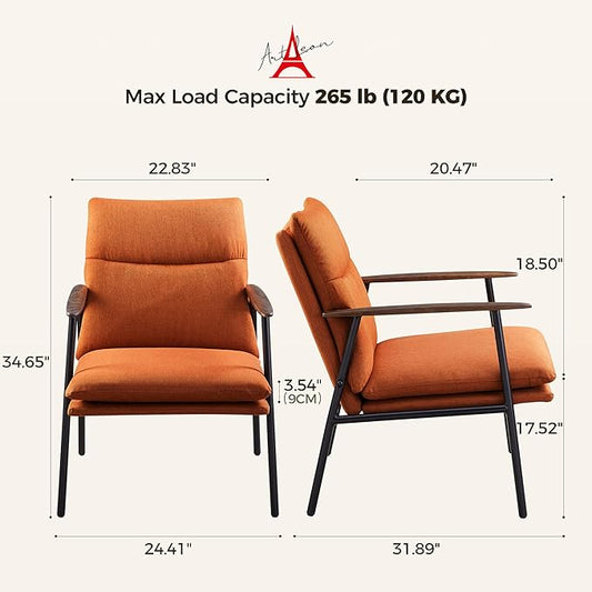 Art Leon Modern Accent Chair - Upholstered Fabric Lounge Chair with Wood Armrests Ergonomic Reading Chair with Metal Frame Living Room Chair for Bedroom, Office Caramel