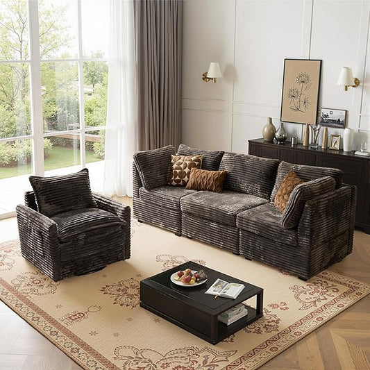 98" Modular Sectional Sofa Set with Swivel Chair, Modern Cloud Couch Plush Corduroy 3 Seater Deep Seat Sofas with Accent Armchair for Living Room Small Space, Gray