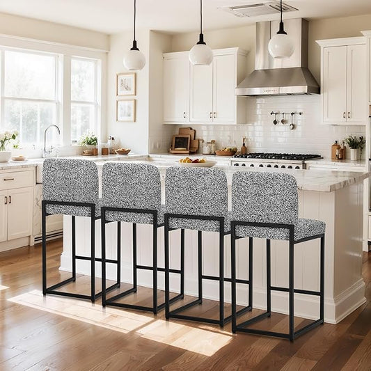 ALPHA HOME 24" Bar Stools Set of 4 Kitchen Counter Stools with Back, Counter Height Stools with Upholstered Footrest for Kitchen Island, Metal Steel Frame, Chenille, Gray