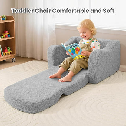 Comfy Toddler Chair & Kids, 2-in-1 Soft Couch Fold Out for Kids, Toddler Chairs Comfy 1-3 Years Old, Convertible Plush Sofa to Lounger for Girls and Boys,Light Grey