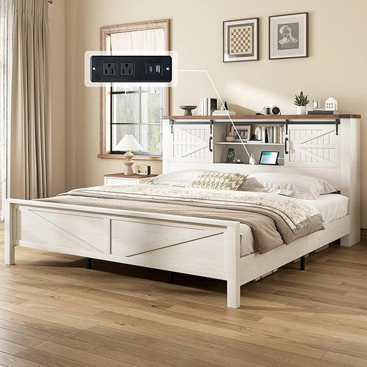 AMERLIFE Farmhouse King Bed Frame, Rustic Wood Platform Bed w/Barn Door Storage Bookcase Headboard & Charging Station, Bedroom Furniture, No Box Spring Needed, Antique White