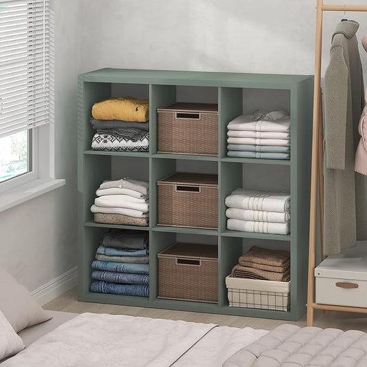 Furinno Cubic Closet Organizers and Storage, 9-Cube Closet Organizer, Open Shelf Closet Storage, Extra Thick Frame for Wardrobe, Bedroom, Living Room, Sage Green