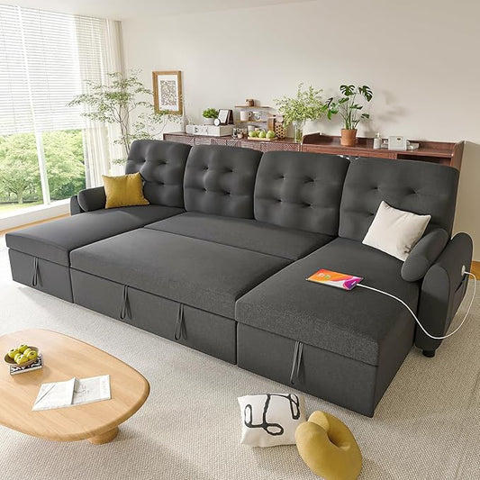 Ucloveria Sleeper Sofa Bed, 112" U Shaped Sectional Sofa Couches for Living Room, Pull Out Couch Bed with Dual Reversible Storage Chaise | Charging Station | Side Pockets | Removable Backrest