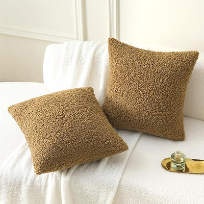 FUTEI Khaki Throw Pillow Covers 20x20 Inch Set of 2,Furry Faux Fur Teddy Boucle Textured Cushion Covers,Soft Fluffy Decorative Pillow Case,Home Decor for Couch Bed Living Room Office Car