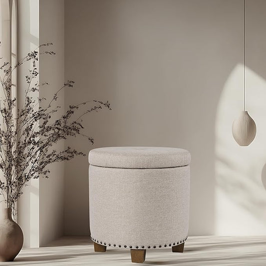 Homepop Home Decor | Upholstered Round Storage Ottoman with Nailheads| Ottoman with Storage for Living Room & Bedroom, Light Brown Fabric