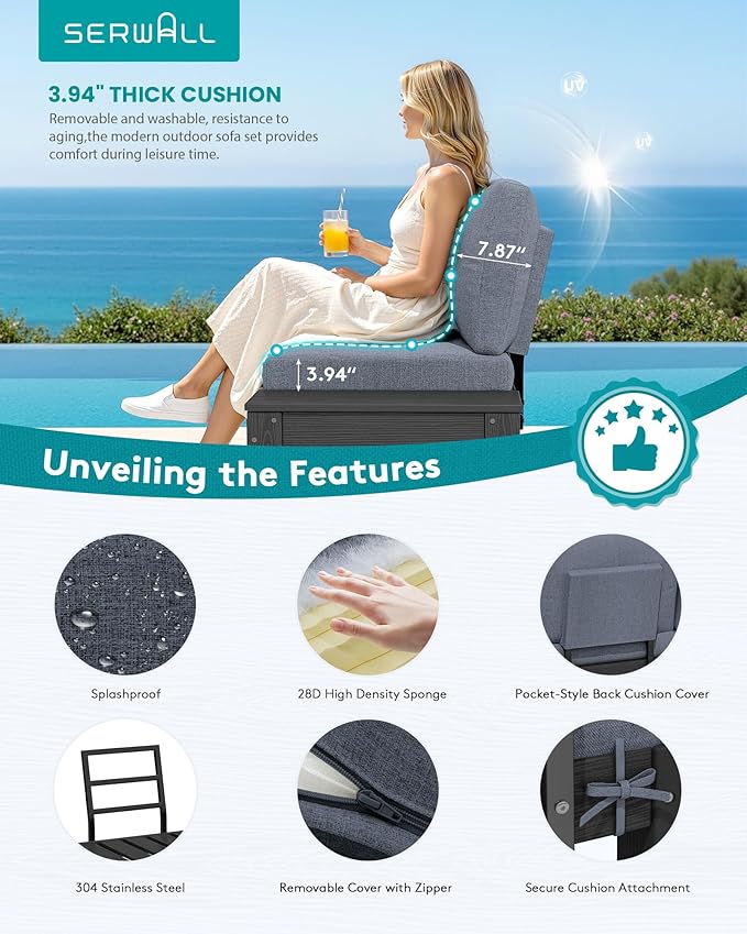 SERWALL HDPE Outdoor Loveseat Set, All-Weather Modular Patio Sofa, Sectional Seating for Backyard or Balcony, Garden, Black Frame with Grey Cushion