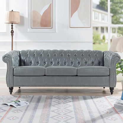 Home Sofa Living Room Furniture, 3 Seater Leather Upholstered Sofa Couch, Modern Comfy Couch with Faux Leather Cushions, Mid Century Tufted Chesterfield Sofas for Bedroom, Office, Apartment (Grey)