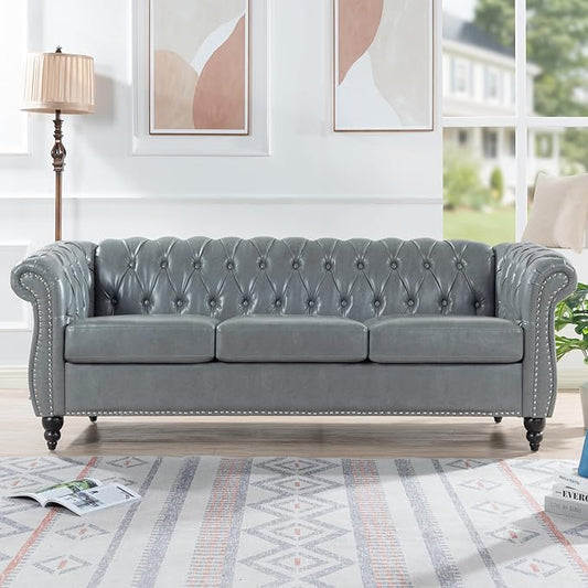 Home Sofa Living Room Furniture, 3 Seater Leather Upholstered Sofa Couch, Modern Comfy Couch with Faux Leather Cushions, Mid Century Tufted Chesterfield Sofas for Bedroom, Office, Apartment (Grey)