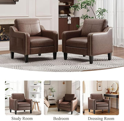 PU Leather Accent Chair Set of 2, Mid-Century Modern Living Room Armchair Sofa with Removable Cushions & Stitched Armrest Design, Bedroom Chair with Plastic Legs, Chocolate Brown
