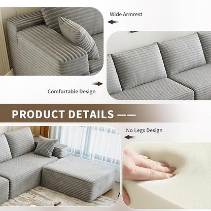 135.4" Cloud Modular Sectional Couch with 1 Ottoman,Modern Minimalist Upholstered Couches, Comfort U Shaped Sofa for Living Room,Deep Seat Corner Couch，No Assembly Required (Grey,Right Facing Chaise)