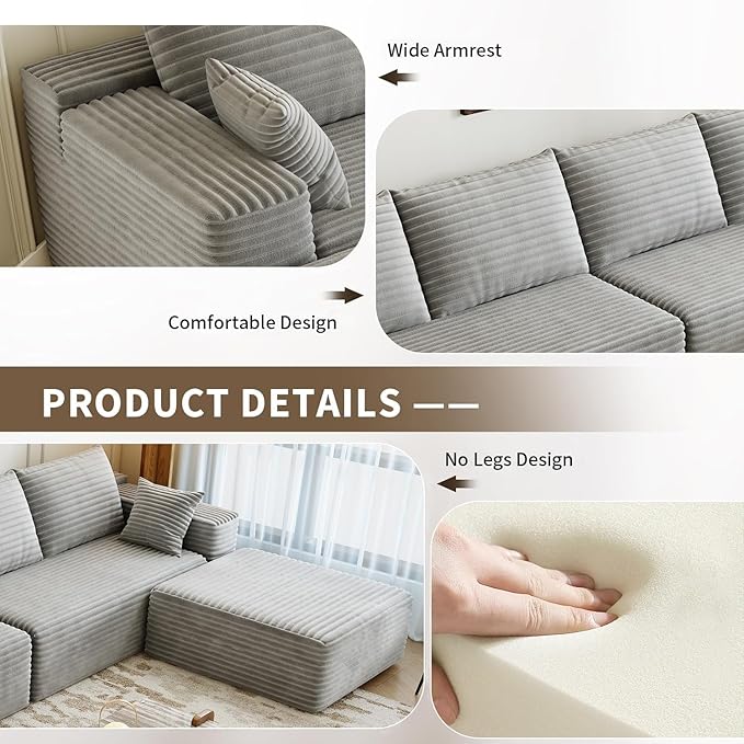135.4" Cloud Sectional Couch with 1 Ottoman,Modern Modular Sofa with Deep Seat, Comfort U Shaped Sofa Couches for Living Room Bedroom Apartments,No Assembly Required, (Grey,Left Facing Chaise)