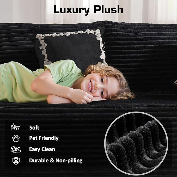 146'' Oversized Boneless Sectional Couch, U Shaped Cloud Couches with Chaise & Ottoman, Plush Corduroy 8 Seater Deep Seat Modular Sofa Sets for Living Room, No Assembly Required, Black