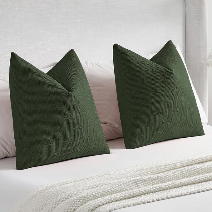 FUTEI Christmas Dark Green Chenille Decorative Throw Pillow Covers 26x26 Inch Set of 2,Soft Cozy Striped Geometric Patterns Euro Pillow Shams,Modern Home Decor for Couch Bed Living Room