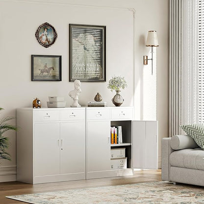 Metal Storage Cabinet with 2 Drawers 36" H,White Metal Garage Cabinets with 2 Lockable Doors and Adjustable Shelves Easy to Assemble for Home Office, Kitchen,Pantry,Garage,Warehouse