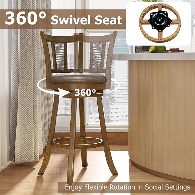 COSTWAY Barstools Set of 4, 30” Solid Rubber Wood Swivel Bar Chairs with Faux Leather Seat, Curved PE Rattan Back, for Living Room & Kitchen Island, Brown (4, 30” Seat Height)
