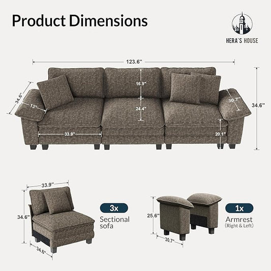 HERA'S HOUSE 124" Modular Sectional Sofa, Oversized Couches for Living Room, Comfy Cloud Couch 3-Seater Deep Seat Sofa with Throw Pillow, Chenille Ash
