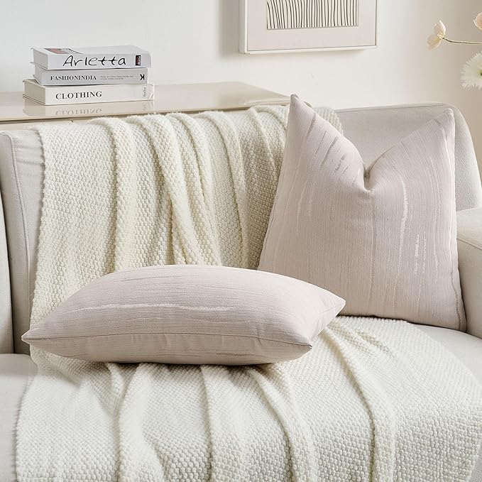 FUTEI Beige Chenille Decorative Throw Pillow Covers 18x18 Inch Set of 2,Soft Embossed Striped Textured Cushion Case,Modern Home Decor for Couch Bed Living Room