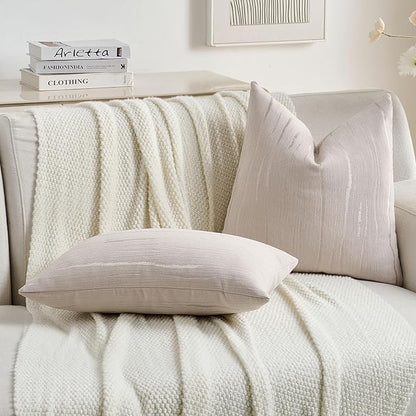 FUTEI Beige Chenille Decorative Throw Pillow Covers 12x20 Inch Set of 2,Soft Embossed Striped Textured Lumbar Pillow Cases,Modern Home Decor for Couch Bed Living Room