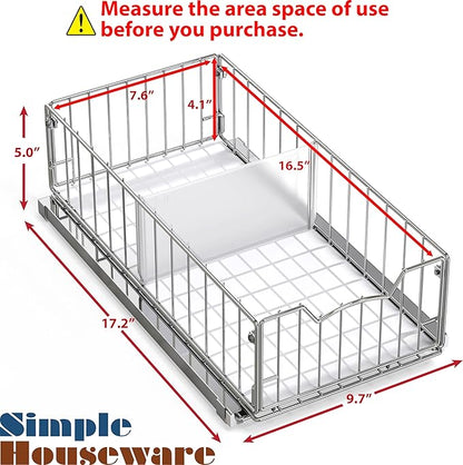 Simple Houseware Pull-Out Cabinet Sliding Basket Organizer, 17.2" D x 9.7" W x 5" H – Chrome Finished, Ideal for Kitchen and Bathroom Cabinet Storage, Under Sink or Pantry Organization