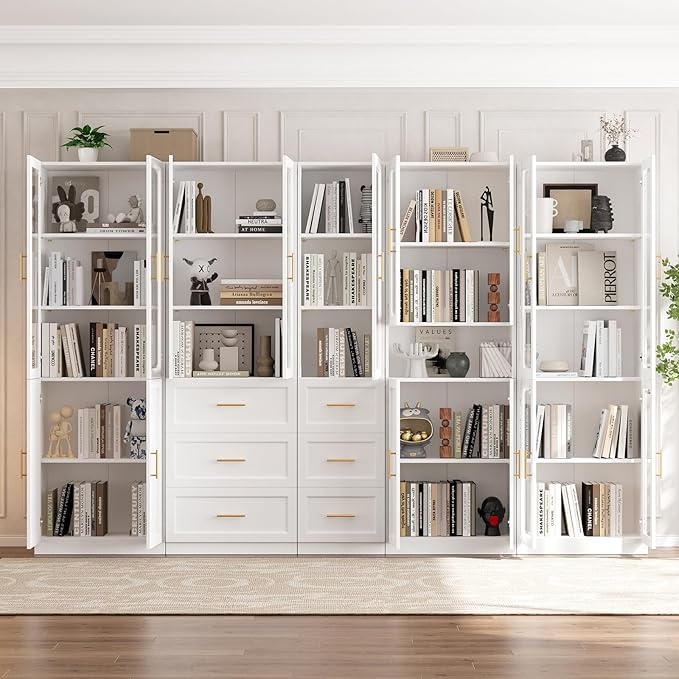 VOWNER Bookcase with Glass Doors & Drawers, 5 Tier Bookshelf with Adjustable Shelf, Modern Large Storage Display Cabinet Set for Home Office, Living Room, White (BDDB)