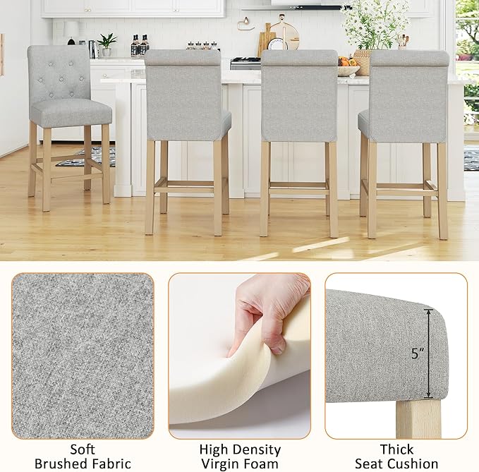 GOTMINSI 24" Bar Stools Set of 4 for Kitchen Island Upholstered Counter Height Bar Stools with Button Tufted Decoration Barstools Home Kitchen Island Wooden Bar Chairs Grey