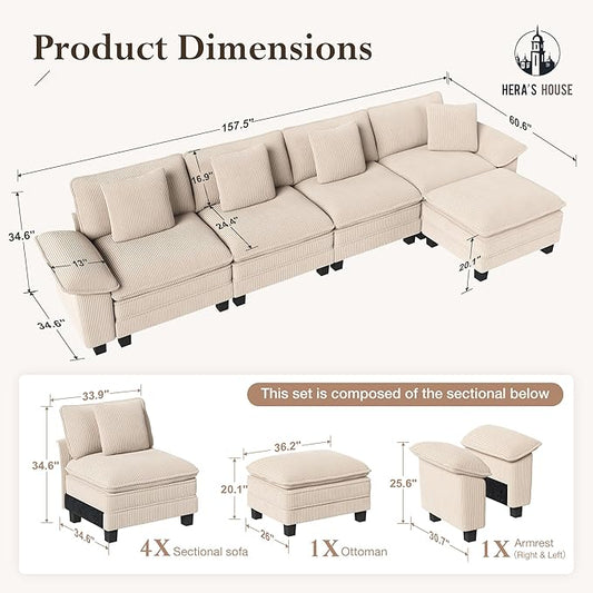 HERA'S HOUSE 158" Modular Sectional Sofa, Oversized L Shaped Couches for Living Room, Comfy Cloud Couch with Ottoman, 5-Seater Deep Seat Sofa with Throw Pillow, Corduroy Beige