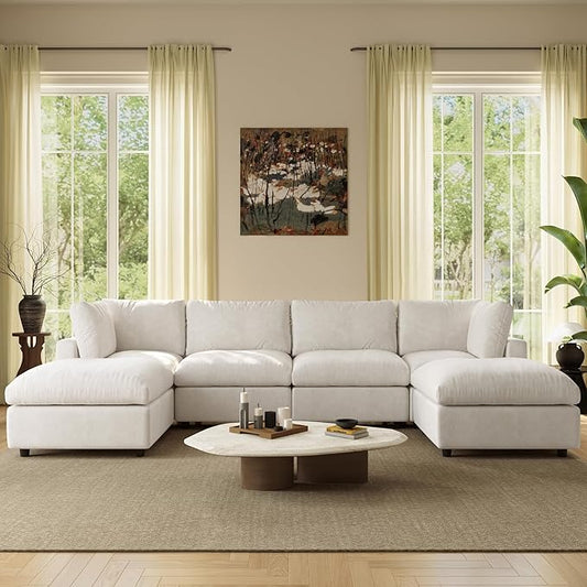 WJShome U Shaped Sectional Couch 134 Inch 4-Seater Modern Modular Sofa with 2 Ottoman,Chenille Deep Seat Couches for Living Room, Bedroom and Apartment，Beige
