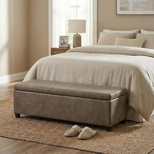 SIMPLIHOME Avalon Storage Ottoman Bench - 48 inch Wide Upholstered Vegan Leather Rectangular Lift-Top Ottoman in Distressed Smoky Grey Brown, Transitional Bench for Living Room with High-Density Foam